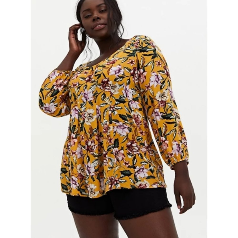Torrid Golden Yellow Floral Crinkled Gauze Fit & Flare Top PLUS 1X
